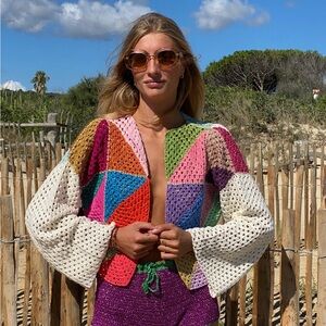 rose carmine multicolor handknit diagonales bolero sweater cardigan